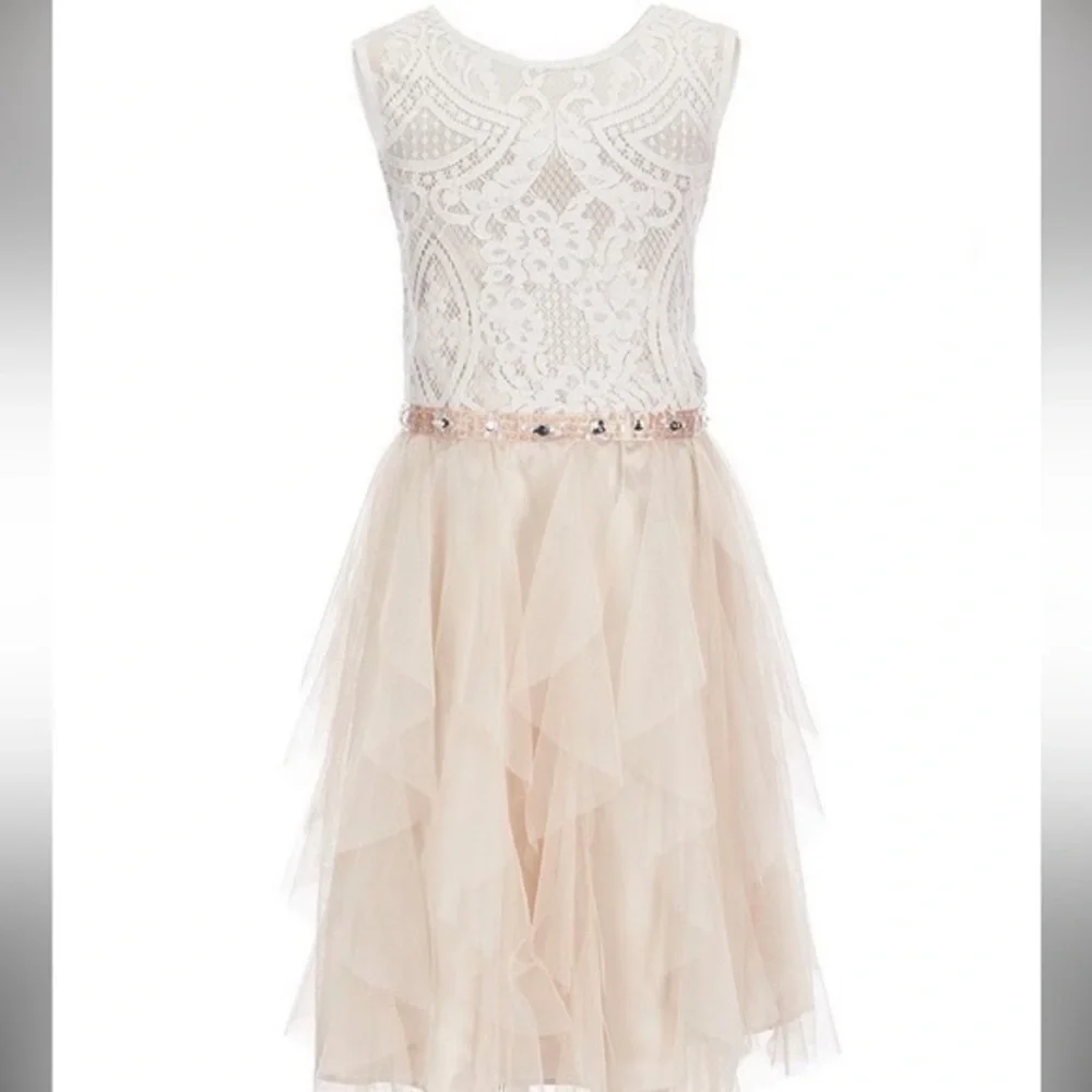 Rare Editions Big Girls 10 Lace Bodice Beaded Waist Belt Mesh Cascade Dress EUC